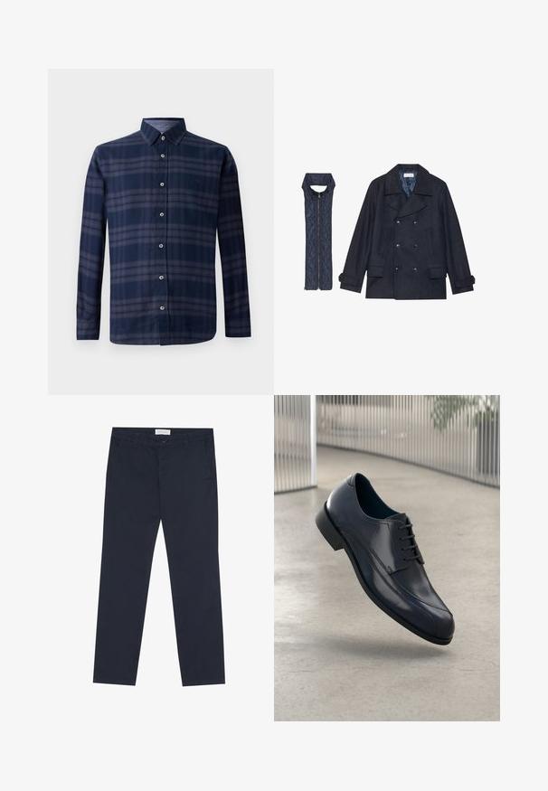 Námorně modrý dvouřadý kabát s velkými knoflíky a dvěma předními kapsami, spárovaný s odpovídajícím vestou na zip s prošívanou texturou.; Košile s dlouhým rukávem, modro-černý károvaný vzor, s knoflíkovým zapínáním a špičatým límečkem, vystavená na bílém pozadí.; Námořnické modré chinos kalhoty vyrobené z bavlny, s hladkým povrchem, s zipovým zapínáním, poutky na opasek a bočními kapsami pro funkčnost.; Lesklá černá kožená společenská obuv s tkaničkami, plovoucí nad hladkým, světle šedým podlahovým povrchem a s vertikálními kovovými pruty v pozadí.