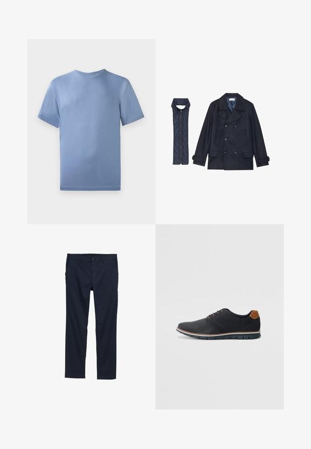 Cappotto doppiopetto blu navy con grandi bottoni e due tasche frontali, abbinato a un gilet con zip coordinato con una texture trapuntata.; T-shirt di cotone azzurro chiaro con scollatura rotonda, maniche corte e dettagli di cucitura sottili. Presenta un piccolo logo sul petto.; Pantaloni leggeri blu navy con texture morbida, design a gamba dritta, chiusura con bottone e tasche laterali.; Scarpe sintetiche nere con tomaia testurizzata, dettagli lisci, tacco marrone e suola a contrasto. Presentano una lacerazione minimale e dettagli di cucitura.