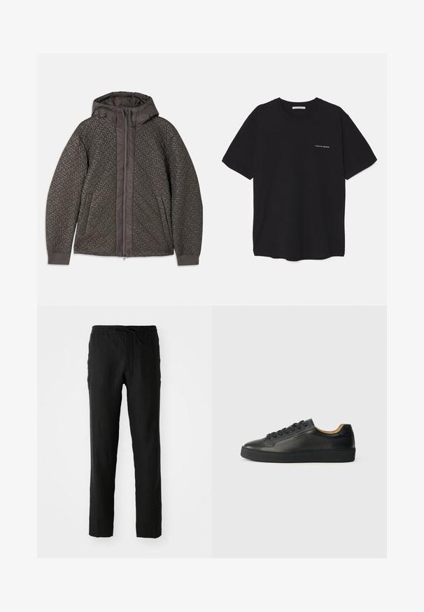 Vadderad mörkgrå jacka med huva, som har ett geometriskt mönster, hel dragkedja och elastiska ärmavslut. Mjuk och texturerad tyg.; Svart bomull T-shirt med rund hals, korta ärmar och vit logotryck på vänster bröst. Enkel, enfärgad design.; Svarta linnebyxor med elastisk midja och dragsko. Rakt ben-design och slät textur. Lämpliga för avslappnad klädsel.; Svart lågskuren lädersneaker med texturerad yta, svarta snören och tjock gummisula, visad från sidan på en ljus bakgrund.