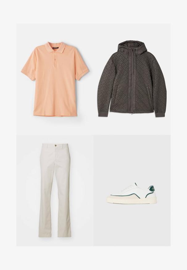 Gevoerd donkergrijs jack met een capuchon, voorzien van een geometrisch patroon, volledige ritssluiting en elastische manchet. Zachtheid in de textuur van de stof.; Perzikkleurige polo shirt van katoen. Beschikt over een klassieke kraag, korte mouwen en een subtiel logo op de borst. Zachte textuur, eenvoudig ontwerp.; J.LINDEBERG LOIS CLOUD PANTS - Broek - moonbeam; Witte lage sneakers met groene accenten, beige suede details en een crème-kleurige zool met een geribbelde onderkant.