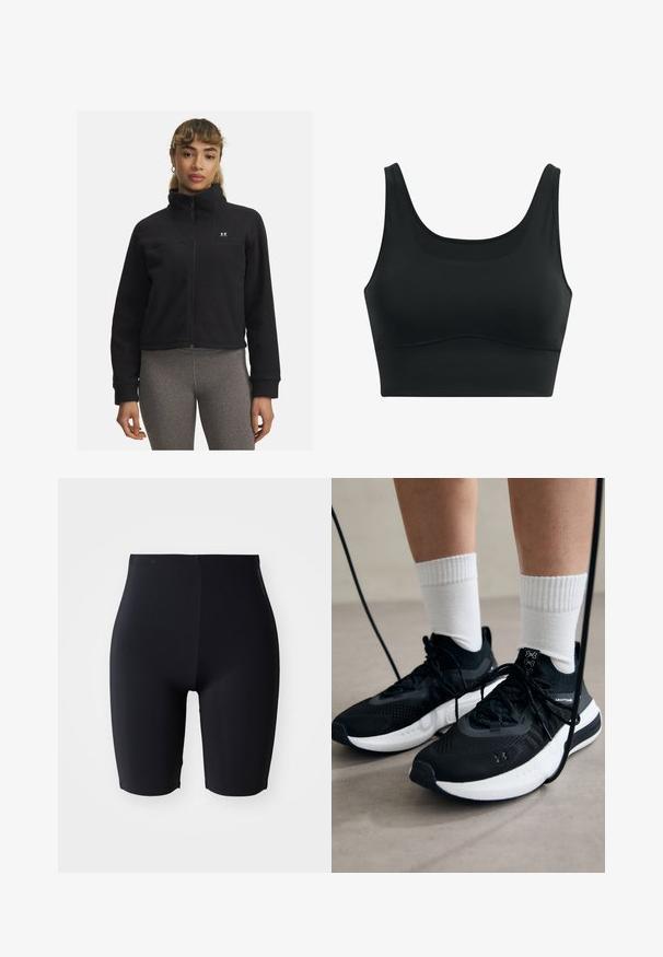 Black fleece jacket with high collar, zip closure, and logo on chest. Features long sleeves and a cropped design. Textured fabric.; Black sports bra made of smooth fabric, featuring a scoop neck, wide straps, and seamless design with a curved hemline.; Black fitted shorts made of smooth, stretchy material. They feature a high waistband and a sleek, minimalist design without visible fasteners.; Black athletic shoes with textured fabric, white sole, and black laces. Worn with white ribbed socks, standing on a light surface.