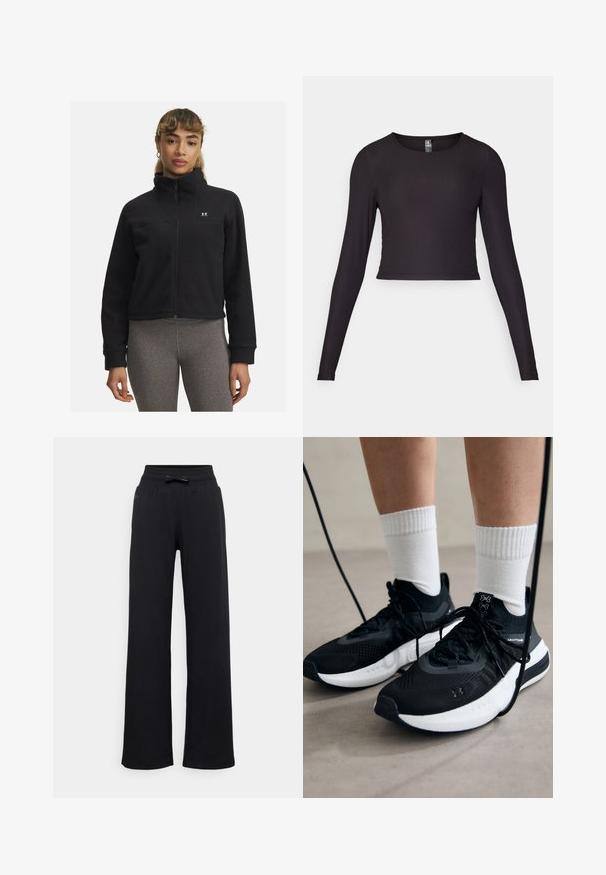 Črna flis jakna z visokim ovratnikom, zadrgo in logotipom na prsih. Ima dolge rokave in skrajšan kroj. Teksturiirana tkanina.; Črni dolgi rokavi skrajšan top iz rebraste tkanine. Ima podolgovat ovratnik in prilegajočo silhueto s teksturirano površino.; Črne trenirke s širokimi hlačnicami, elastičnim pasom in detajlom v obliki pentlje. Gladka tekstura brez vidnih vzorcev ali dodatkov.; Črne športne čevlje z strukturirano tkanino, belo podplatom in črnimi vezalkami. Nosi se z belimi rebrastimi nogavicami, stoje na svetli površini.