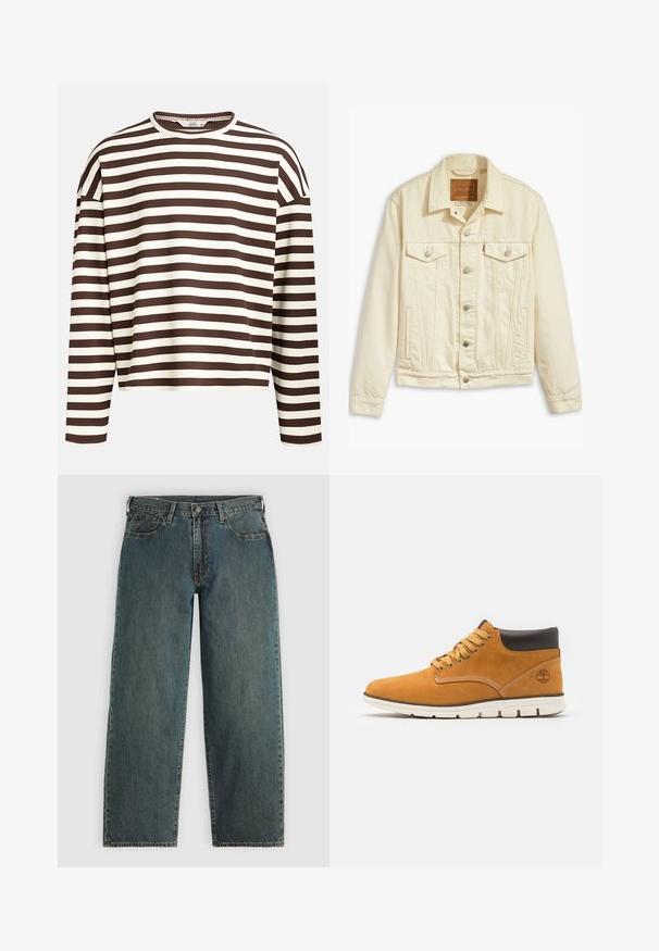 Levi's® THE TRUCKER - Teksajakk - everlasting light; Pruun ja kreemikas triibuline pika varrukaga pluus ümmarguse kaelusega, ribateraskihiga ja kukutatud õmblustega, millel on lühendatud lõige.; Tumedad sinised sirged teksapüksid nupuga ja tõmblukuga, ees olevate taskutega ja vöödega helesinise halli tausta peal.; Pruunist suede'ist looderdised kingad polsterdatud kraega, kuldsete silmade ja paeltega, kontrastse õmblusega ning valge kummist tallaga.