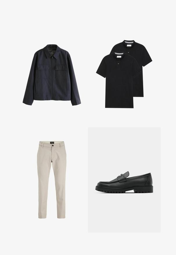 Veste bleu marine avec fermeture éclair, dotée de deux poches poitrine et de poches fendues sur les côtés. Fabriquée dans un tissu texturé avec un col.; Deux polos noirs, à manches courtes, en coton, avec un col classique, une patte de boutonnage à deux boutons, et des accents rayés blancs à l'intérieur du col.; Chinos en coton beiges avec un design à jambe droite, dotés d'une fermeture à bouton à l'avant et de passants de ceinture. Texture lisse, style minimaliste.; Mocassins en cuir noir à bout arrondi, avec un design cousu, une semelle plateforme basse et une semelle en caoutchouc texturée et crantée.