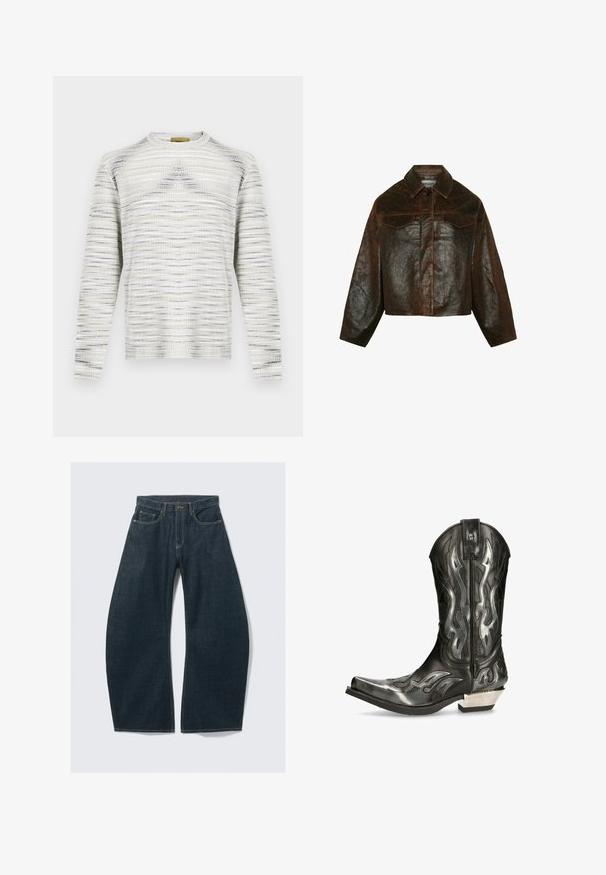 Minimum Leren jas - seal brown; Gebreide trui met een gestructureerd patroon in wit, grijs en lavendel. Voorzien van een ronde halslijn en lange mouwen. Eenvoudige, rechthoekige vorm.; Wit T-shirt met korte mouwen van katoen, met een ronde hals en een losse pasvorm. Geen zichtbare patronen of accenten. Simpel ontwerp.; Donkerblauwe wijd uitlopende jeans van denim, met vijf zakken, zichtbare stiksels, een knoopsluiting en een nette afwerking.; Zwarte leren cowboylaars met zilveren vlampatronen, spitse neus en een lage zilveren hak. Beschikt over stikdetails en een treklabel.