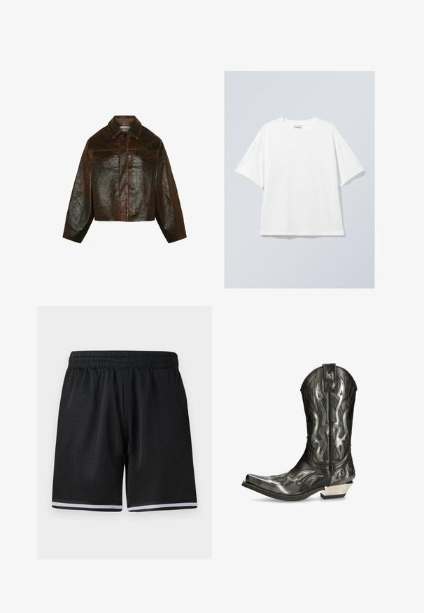 Minimum Veste en cuir - seal brown; T-shirt en coton blanc avec un col rond et des manches courtes. Coupe décontractée sans motifs ni accents visibles. Texture lisse.; Shorts de sport en maille noire avec une taille élastique, présentant des rayures blanches le long de l'ourlet pour une touche de détail supplémentaire. Matériau léger et respirant.; Botte de cowboy en cuir noir avec des motifs de flammes argentés, bout pointu et petit talon argenté. Comprend des détails de couture et une languette.