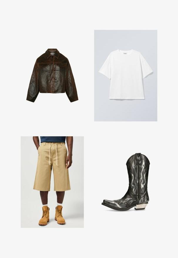 Minimum Veste en cuir - seal brown; T-shirt en coton blanc avec un col rond et des manches courtes. Coupe décontractée sans motifs ni accents visibles. Texture lisse.; Shorts beiges en coton avec une coupe ample, dotés d'une taille à cordon de serrage et de poches latérales. Associés à des bottes de travail beiges et des chaussettes blanches.; Botte de cowboy en cuir noir avec des motifs de flammes argentés, bout pointu et petit talon argenté. Comprend des détails de couture et une languette.