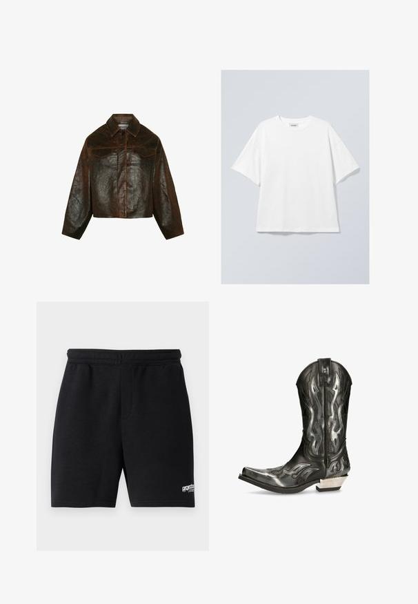 Minimum Veste en cuir - seal brown; T-shirt en coton blanc avec un col rond et des manches courtes. Coupe décontractée sans motifs ni accents visibles. Texture lisse.; Shorts noirs en coton avec une taille élastique, deux poches latérales et un petit logo blanc sur le bas droit. Texture lisse.; Botte de cowboy en cuir noir avec des motifs de flammes argentés, bout pointu et petit talon argenté. Comprend des détails de couture et une languette.