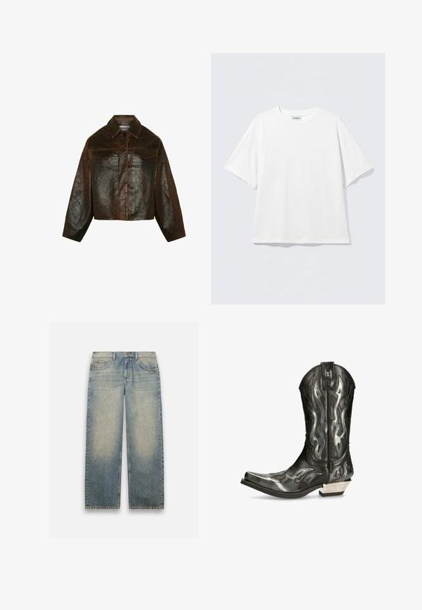 Minimum Leather jacket - seal brown; White short-sleeve t-shirt made of cotton with a round neckline and relaxed fit. No visible patterns or accents. Simple design.; Light blue denim jeans with a relaxed fit, straight legs, and a faded wash. Features two front pockets and a button closure.; Black leather cowboy boot with silver flame patterns, pointed toe, and a low silver heel. Features stitching details and a pull tab.