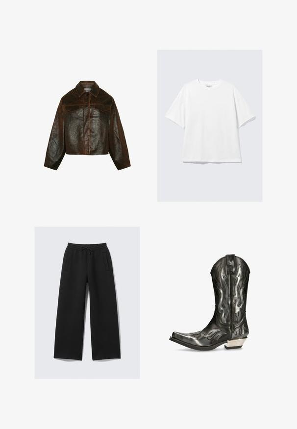 Minimum Læderjakker - seal brown; Hvid T-shirt med korte ærmer, løs pasform, rund halsudskæring, blødt stof og minimal syning. Ingen synlige logoer eller mønstre.; Svarte vide sweatpants med elastisk talje og snøre, med to lodrette lynlåslommer foran.; Sort læder cowboystøvle med sølvflamme mønstre, spidse tæer og en lav sølv hæl. Har syninger og en trækstrop.