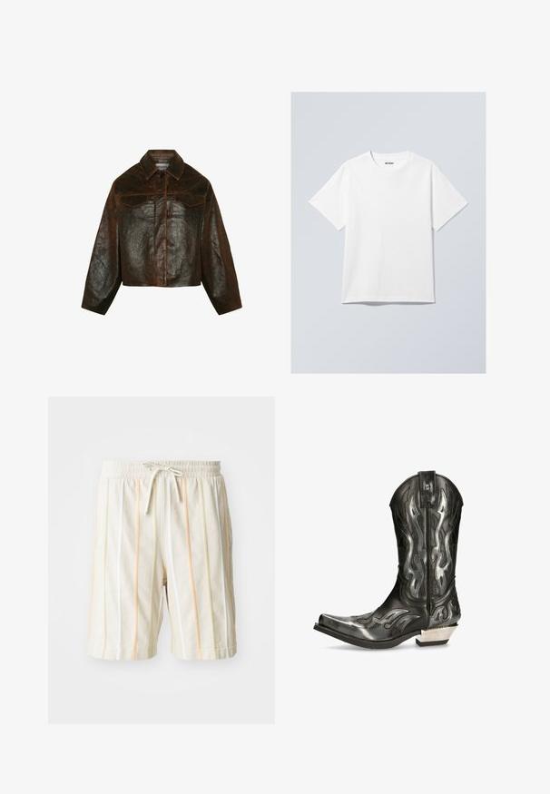 Minimum Leather jacket - seal brown; White cotton t-shirt with a crew neck, short sleeves, and a relaxed fit. Features a brand label reading "WEEKDAY" on the neckline.; White lightweight shorts with vertical stripes in orange, yellow, and green. Features an elastic waistband with a drawstring closure.; Black leather cowboy boot with silver flame patterns, pointed toe, and a low silver heel. Features stitching details and a pull tab.