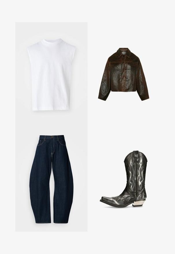 Minimum Leather jacket - seal brown; White sleeveless top made from cotton with a round neckline, a relaxed fit, and a smooth texture. Simple design with no patterns or accents.; Dark blue denim jeans with a wide-leg design, featuring prominent stitching, five pockets, and a brass button closure at the waistband.; Black leather cowboy boot with silver flame patterns, pointed toe, and a low silver heel. Features stitching details and a pull tab.