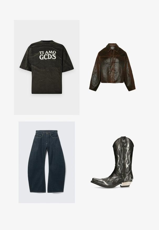 Minimum Leren jas - seal brown; Zwarte T-shirt met korte mouwen in een ontspannen pasvorm, met op de achterkant witte grafische tekst "TI AMO GCDS". Versleten textuur.; Donkerblauwe wijd uitlopende jeans van denim, met vijf zakken, zichtbare stiksels, een knoopsluiting en een nette afwerking.; Zwarte leren cowboylaars met zilveren vlampatronen, spitse neus en een lage zilveren hak. Beschikt over stikdetails en een treklabel.