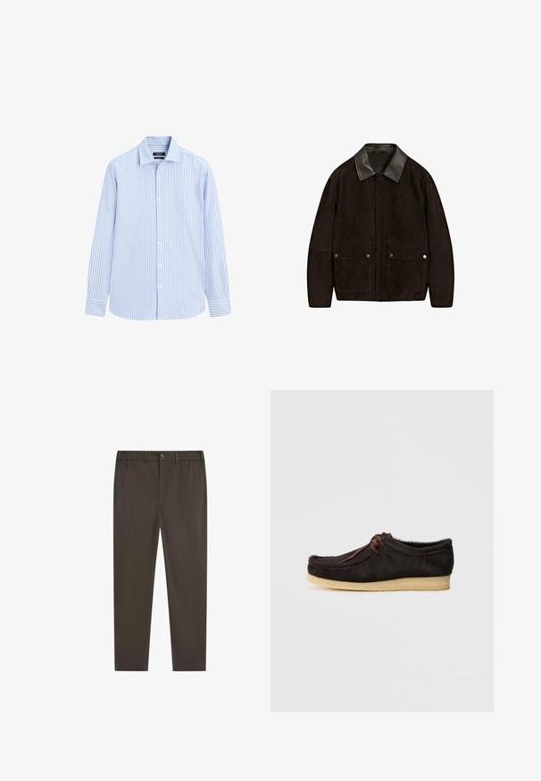 Dunkelbraune Wildlederjacke mit schwarzem Lederkragen, Frontreißverschluss und zwei vorderen Klappentaschen mit Druckknopf.; Hellesblau-weiß gestreiftes Langarmhemd, mit Knopfleiste, Kragen und Manschettendetails, aus glattem Stoff in normaler Passform.; Dunkelbraune Hose mit geradem Bein, elastischem Bund, vorderem Knopfverschluss und Seitentaschen. Glatte Stofftextur.; Brauner Wildlederschuh mit weicher Textur, ausgestattet mit einer Schnürdetail, abgerundeter Zehenpartie und einer hellen Gummisohle.