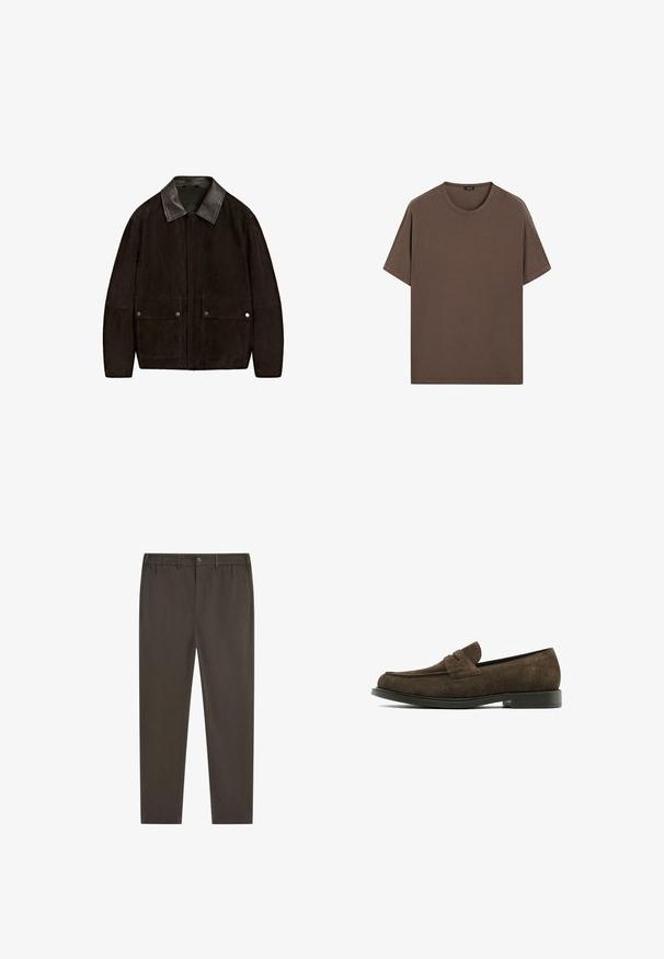 Dark brown suede jacket with black leather collar, front zipper closure, and two front snap-button flap pockets.; Brown cotton t-shirt with a round neck and short sleeves. Simple design with an even texture and a relaxed fit. No patterns or accents.; Dark brown trousers with a straight leg design, elastic waistband, front button closure, and side pockets. Smooth fabric texture.; Dark brown suede loafer with a rounded toe, stitched detailing, and a flat rubber sole. Features a classic penny keeper accent.