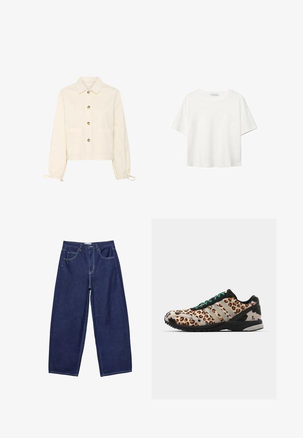 Kremasta, skraćena jakna s prednjim zatvaranjem na gumbe, dva velika džepa i elastičnim balon rukavima. Izrađena od mekanog materijala.; Bijela majica kratkih rukava od pamuka. Ima okrugli izrez i opušteni kroj. Glatka tekstura bez vidljivih uzoraka ili naglasaka.; Tamno plava traperica širokog kroja s visokim strukom, pet džepova i kontrastnim bijelim šavovima. Glatka tekstura, klasičan dizajn.; adidas Originals ADIZERO ADIOS OG - Tenisice - grey two/core black/court green