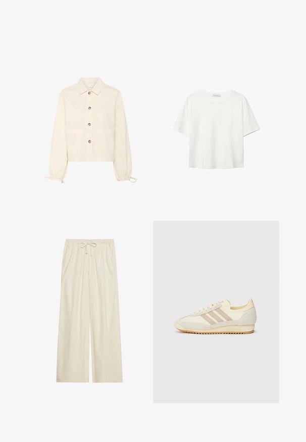 Kremasta, skraćena jakna s prednjim zatvaranjem na gumbe, dva velika džepa i elastičnim balon rukavima. Izrađena od mekanog materijala.; Bijela majica kratkih rukava od pamuka. Ima okrugli izrez i opušteni kroj. Glatka tekstura bez vidljivih uzoraka ili naglasaka.; Svijetlosmeđi široki hlače s gumicom u struku i vezicom, sa bočnim džepovima i teksturiranim materijalom.; Kremaste atletske tenisice s tri bež pruge, od nubuk kožne i tekstilne tkanine, s teksturiranim potplatom i utisnutim brendiranjem na peti.