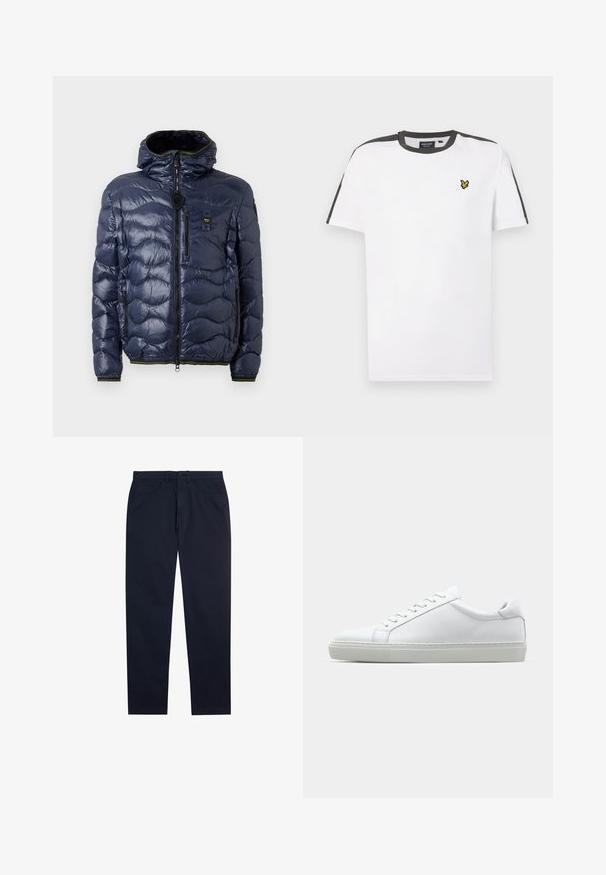 Námornícka puffová bunda s lesklým povrchom, prešívaný vzor, zips, odnímateľná kapucňa a bočné vrecká. Obsahuje čierne a žlté akcenty.; Biele bavlnené tričko s okrúhlym výstrihom, čierne akcenty na ramenách a malé žlté logo na ľavej hrudi. Krátke rukávy.; Námornícky modré chinos vyrobené z bavlny, s rovnými nohavicami, prednými vreckami a zapínaním na gombík. Hladká textúra s minimálnym zdobením.; Biele tenisky s hladkým koženým zvrškom a nízkym profilom. Majú zaoblenú špičku, šesť očiek a štruktúrovanú gumovú podrážku.
