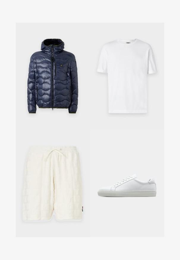 Mørkeblå pufferjakke med en blank finish, quiltet mønster, lynlåslukning, aftagelig hætte og sidelommer. Har sorte og gule detaljer.; Hvid bomulds T-shirt med rund hals, korte ærmer og oprevet manchetter; enkel design, blød tekstur og lige snit.; Hvide teksturerede shorts med et præget mønster. Elastisk talje med snor. Sidelommer og kontrasterende kant ved sømmen.; Hvide sneakers med en glat læderoverdel og lav profil. Har en rund tå, seks snørehuller og en tekstureret gummisål.