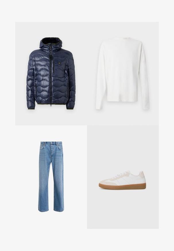 Námořnická pánská péřovka s lesklým povrchem, prošívaný vzor, zapínání na zip, odnímatelná kapuce a boční kapsy. Obsahuje černé a žluté akcenty.; Bílá bavlněná košile s dlouhým rukávem a kulatým výstřihem, s bočními rozparky na spodní části a hladkým povrchem, vystavená zezadu.; Světle modré džínové kalhoty s rovnými nohavicemi, pěti kapsami, zapínáním na knoflík, minimálním vyblednutím a kontrastním prošitím.; Bílé a béžové tenisky s prvky z semiše a kůže. Mají gumovou podrážku, šněrovací design a minimalistické postranní pruhy.