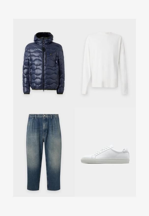 Merijalkapuku, jossa on kiiltävä pinnan, tikattu kuvio, vetoketjukiinnitys, irrotettava huppu ja sivutaskut. Sisältää mustia ja keltaisia yksityiskohtia.; Pitkähihaisesta valkoisesta puuvillapaidasta, jossa on pyöreä pääntie, sivuhaalareita alaosassa ja sileä pinta, näkyy takaa.; Farkut vaalean sinisestä tumman siniseen liukuvärjäykseen. Ominaisuuksia ovat korkea vyötärö ja laskostettu etuosa, suora leikkaus ja käänteet helmassa.; Valkoinen tennari, jossa on sileä nahkapäällinen ja matala profiili. Ominaisuuksiin kuuluu pyöreä kärki, kuusi rei'itystä ja teksturoitu kumipohja.