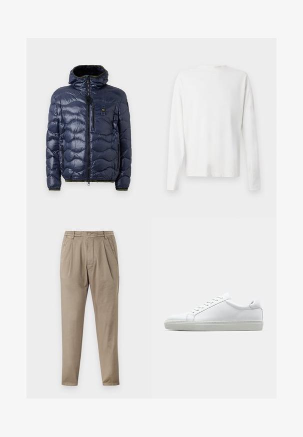 Navy puffer jacket with a glossy finish, quilted pattern, zip closure, removable hood, and side pockets. Features black and yellow accents.; Long-sleeved white cotton shirt with a round neckline, side slits at the bottom, and a smooth texture, displayed from the back.; Beige trousers made of soft fabric, featuring a relaxed fit, pleated front, elastic waistband, and tapered legs.; White sneaker with a smooth leather upper and a low profile. Features a rounded toe, six eyelets, and a textured rubber sole.