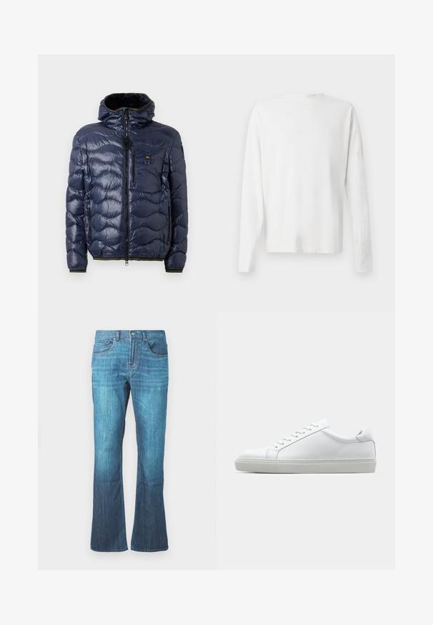 Námořnická pánská péřovka s lesklým povrchem, prošívaný vzor, zapínání na zip, odnímatelná kapuce a boční kapsy. Obsahuje černé a žluté akcenty.; Bílá bavlněná košile s dlouhým rukávem a kulatým výstřihem, s bočními rozparky na spodní části a hladkým povrchem, vystavená zezadu.; Džíny zmid-blue praného denimu s mírným rozšířením dole, klasický design s pěti kapsami a přední zapínání na knoflík a zip.; Bílé tenisky s hladkým koženým svrškem a nízkým profilem. Mají zaoblenou špičku, šest nýtů a texturovanou gumovou podrážku.