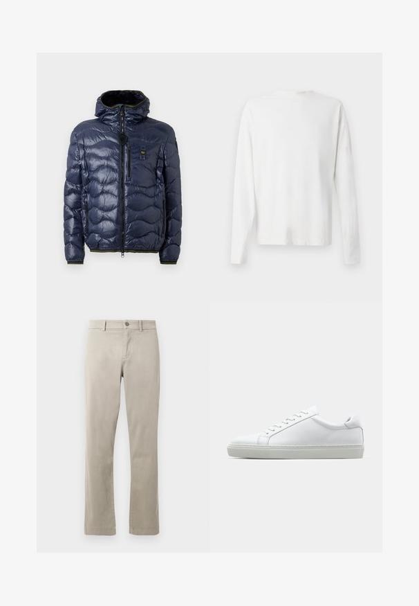 Doudoune marine avec finition brillante, motif matelassé, fermeture éclair, capuche amovible et poches latérales. Présente des accents noirs et jaunes.; Chemise en coton blanc à manches longues avec un col rond, fentes latérales en bas et une texture lisse, présentée de dos.; Chinos en coton beige avec une coupe droite, dotés d'une fermeture boutonnée et de poches avant. Texture lisse avec des détails de couture subtils.; Sneaker blanche avec une tige en cuir lisse et un profil bas. Présente un bout arrondi, six œillets et une semelle en caoutchouc texturé.