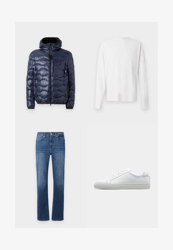 Jachetă puffer bleumarin cu un finisaj lucios, model matlasat, închidere cu fermoar, glugă detașabilă și buzunare laterale. Prezintă accente negre și galbene.; Cămașă albă din bumbac cu mâneci lungi, decolteu rotund, fante pe laterale la baza, cu o textură netedă, expusă din spate.; Blugi din denim de culoare albastru închis, cu un design drept, stil cu cinci buzunare și cusături contrastante. Au un sistem de închidere cu nasture și fermoar.; Adidași albi cu o suprafață din piele netedă și un profil jos. Au un vârf rotunjit, șase orificii pentru șireturi și o talpă din cauciuc texturată.