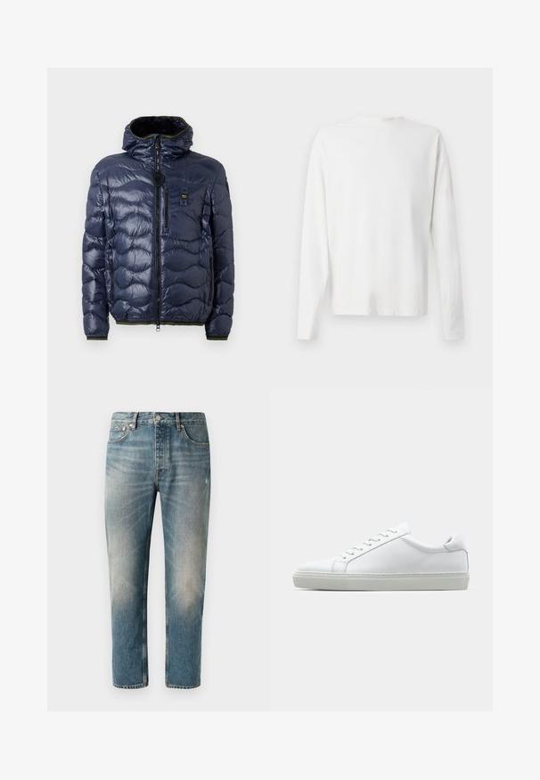 Jachetă puffer bleumarin cu un finisaj lucios, model matlasat, închidere cu fermoar, glugă detașabilă și buzunare laterale. Prezintă accente negre și galbene.; Cămașă albă din bumbac cu mâneci lungi, decolteu rotund, fante pe laterale la baza, cu o textură netedă, expusă din spate.; Jeans din denim de un albastru deschis, cu croială dreaptă. Prezintă o închidere cu buton, cinci buzunare și zone ușor decolorate, cu efect de uzură la coapse.; Adidași albi cu o suprafață din piele netedă și un profil jos. Au un vârf rotunjit, șase orificii pentru șireturi și o talpă din cauciuc texturată.