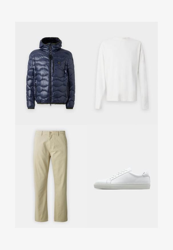 Marineblaues Puffer-Jackett mit glänzender Oberfläche, gestepptem Muster, Reißverschluss, abnehmbarer Kapuze und seitlichen Taschen. Verfügt über schwarze und gelbe Akzente.; Langärmliges weißes Baumwollhemd mit rundem Ausschnitt, seitlichen Schlitzen am unteren Rand und glatter Textur, von hinten präsentiert.; Beige Baumwollhose mit geradem Bein, mit vorderem Knopfverschluss und Gürtelschlaufen. Glatte Textur, keine sichtbaren Muster oder Akzente.; Weißer Sneaker mit glattem Lederobermaterial und niedrigem Profil. Verfügt über eine runde Zehenpartie, sechs Ösen und eine strukturierte Gummisohle.