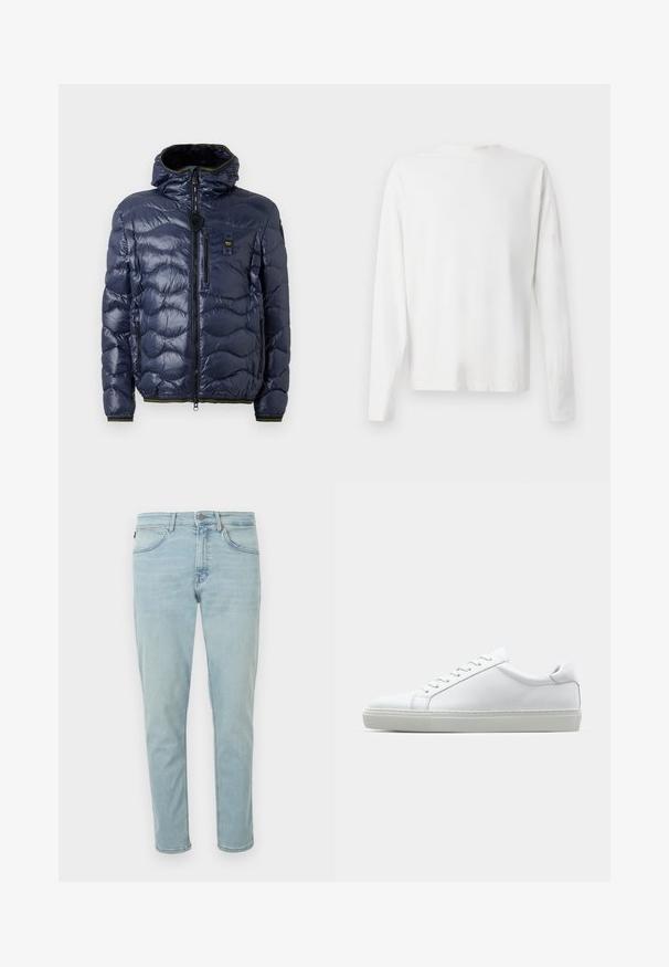 Navy puffer jacket with a glossy finish, quilted pattern, zip closure, removable hood, and side pockets. Features black and yellow accents.; Long-sleeved white cotton shirt with a round neckline, side slits at the bottom, and a smooth texture, displayed from the back.; Light blue denim jeans with a slim fit, featuring five pockets, a button and zip closure, and minimal fading for a clean appearance.; White sneaker with a smooth leather upper and a low profile. Features a rounded toe, six eyelets, and a textured rubber sole.