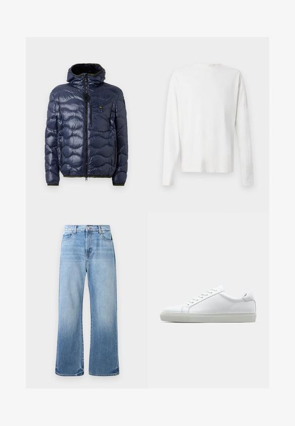 Navy puffer jacket with a glossy finish, quilted pattern, zip closure, removable hood, and side pockets. Features black and yellow accents.; Long-sleeved white cotton shirt with a round neckline, side slits at the bottom, and a smooth texture, displayed from the back.; Light blue denim jeans with a straight leg design, faded finish, five-pocket style, and contrast stitching. Distressed hem details.; White sneaker with a smooth leather upper and a low profile. Features a rounded toe, six eyelets, and a textured rubber sole.