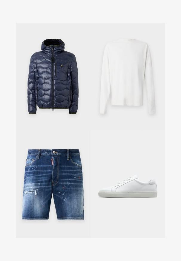 Chaqueta tipo plumón navy con acabado brillante, patrón acolchado, cierre por cremallera, capucha ajustable y bolsillos laterales. Cuenta con acentos en negro y amarillo.; Camisa de algodón blanca de manga larga con cuello redondo, aberturas laterales en la parte inferior y una textura suave, exhibida desde la parte de atrás.; Bermudas de mezclilla con un lavado azul oscuro, que presentan manchas de pintura, áreas desgastadas y un cierre de cremallera con botón de metal.; Zapatilla blanca con parte superior de cuero liso y perfil bajo. Presenta una puntera redondeada, seis ojales y una suela de goma texturizada.