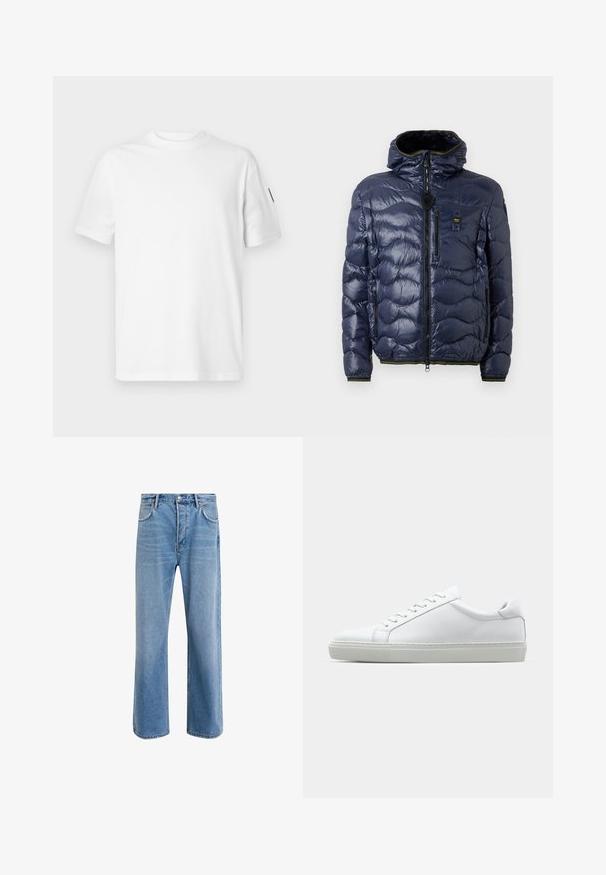 Námořnická pánská péřovka s lesklým povrchem, prošívaný vzor, zapínání na zip, odnímatelná kapuce a boční kapsy. Obsahuje černé a žluté akcenty.; Bílý bavlněný tričko s krátkým rukávem a kulatým výstřihem. Na levém rukávu se nachází malé černé logo. Hladká textilie, standardní střih.; Světle modré džínové kalhoty s rovnými nohavicemi, pěti kapsami, zapínáním na knoflík, minimálním vyblednutím a kontrastním prošitím.; Bílé tenisky s hladkým koženým svrškem a nízkým profilem. Mají zaoblenou špičku, šest nýtů a texturovanou gumovou podrážku.