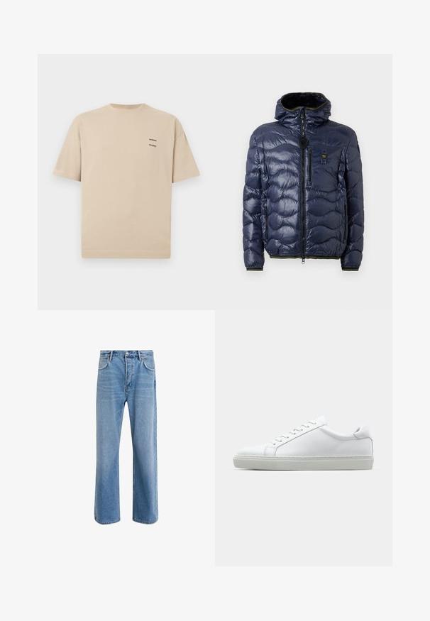 Námornícka puffová bunda s lesklým povrchom, prešívaný vzor, zips, odnímateľná kapucňa a bočné vrecká. Obsahuje čierne a žlté akcenty.; Béžové bavlnené tričko s okrúhlym výstrihom a krátkymi rukávmi. Obsahuje malé textové logo na hornej ľavej strane. Jednoduchý, neozdobený dizajn.; Svetlo modré denimové džínsy so strihom rovného nohu, päť vreciek, zapínanie na gombík, minimálne vyblednutie a kontrastné švy.; Biele tenisky s hladkým koženým zvrškom a nízkym profilom. Majú zaoblenú špičku, šesť očiek a štruktúrovanú gumovú podrážku.