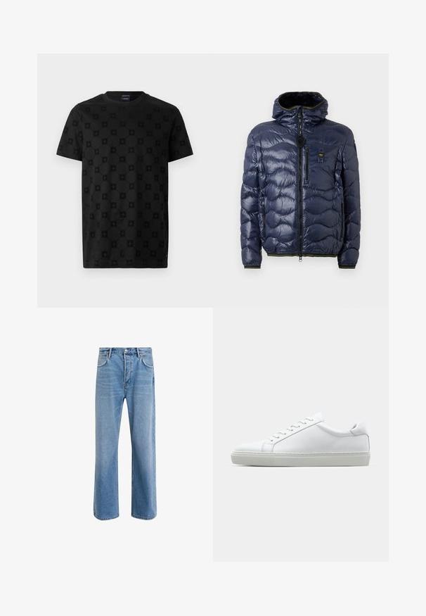 Giacca piumino navy con finitura lucida, motivo trapuntato, chiusura con zip, cappuccio removibile e tasche laterali. Presenta accenti neri e gialli.; T-shirt nera con un motivo testurizzato di cerchi e forme floreali, maniche corte e scollo rotondo. Realizzata in morbido cotone.; Jeans in denim blu chiaro con design a gamba dritta, cinque tasche, chiusura con bottone, leggero sbiadimento e dettagli di cucitura a contrasto.; Sneaker bianco con tomaia in pelle liscia e profilo basso. Presenta una punta arrotondata, sei occhielli e una suola in gomma testurizzata.