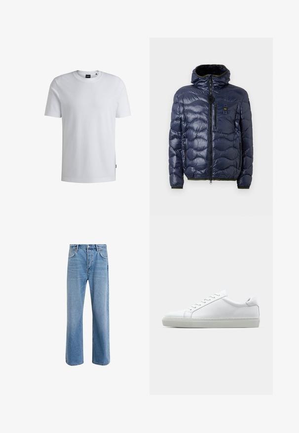 Námořnická pánská péřovka s lesklým povrchem, prošívaný vzor, zapínání na zip, odnímatelná kapuce a boční kapsy. Obsahuje černé a žluté akcenty.; Bílý tričko s krátkým rukávem vyrobené z texturované látky, s kulatým výstřihem a malou logovkou na boční straně.; Světle modré džínové kalhoty s rovnými nohavicemi, pěti kapsami, zapínáním na knoflík, minimálním vyblednutím a kontrastním prošitím.; Bílé tenisky s hladkým koženým svrškem a nízkým profilem. Mají zaoblenou špičku, šest nýtů a texturovanou gumovou podrážku.