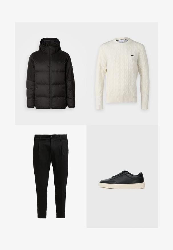 Black puffer jacket features a zip closure, a hood, quilted sections, and elastic cuffs, made from a smooth, water-resistant material.; Cream cable-knit sweater with a round neckline, ribbed cuffs and hem, and a green Lacoste logo on the chest. Textured fabric enhances detail.; Black trousers made of woven fabric, featuring a flat front, two pleats, a single button closure, and a tapered leg design.; Black low-top leather sneaker with black laces and off-white sole shown in side profile on white background.