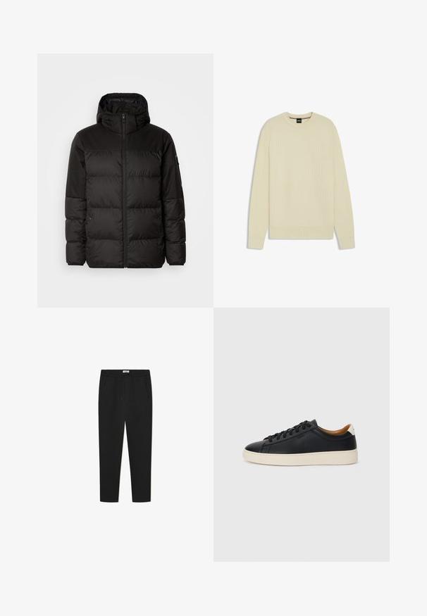 Black puffer jacket features a zip closure, a hood, quilted sections, and elastic cuffs, made from a smooth, water-resistant material.; Light beige sweater with a textured waffle knit design, crew neck, and ribbed cuffs and hem. Simple, modern shape with no additional accents.; Black sweatpants made of soft fabric, featuring an elastic waistband with drawstring, two side pockets, and a tapered leg design.; Black leather sneakers with a smooth texture, beige rubber sole, lace-up design, and a contrasting heel accent.