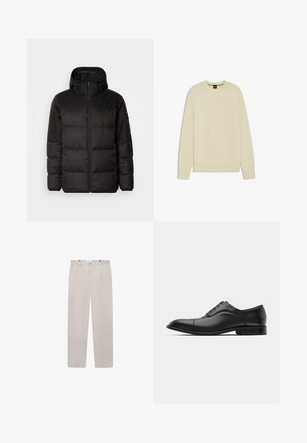 Zwarte pufferjas met ritsluiting, een capuchon, gequiltte secties en elastische manchetten, gemaakt van een glad, waterafstotend materiaal.; Lichtbeige trui met een gestructureerd wafelbreisel, ronde hals en ribgebreide manchetten en zoom. Eenvoudige, moderne vorm zonder verdere accenten.; Lichtbeige broek van zachte stof, met een rechte snit, twee zijzakken en een knoopsluiting aan de voorkant. Lichtgewicht en gladde textuur.; Zwarte leren jurk schoen met een gladde textuur, ronde neus en vijf veterogen. Beschikt over een lage gestapelde hak en subtiele naaddetails.