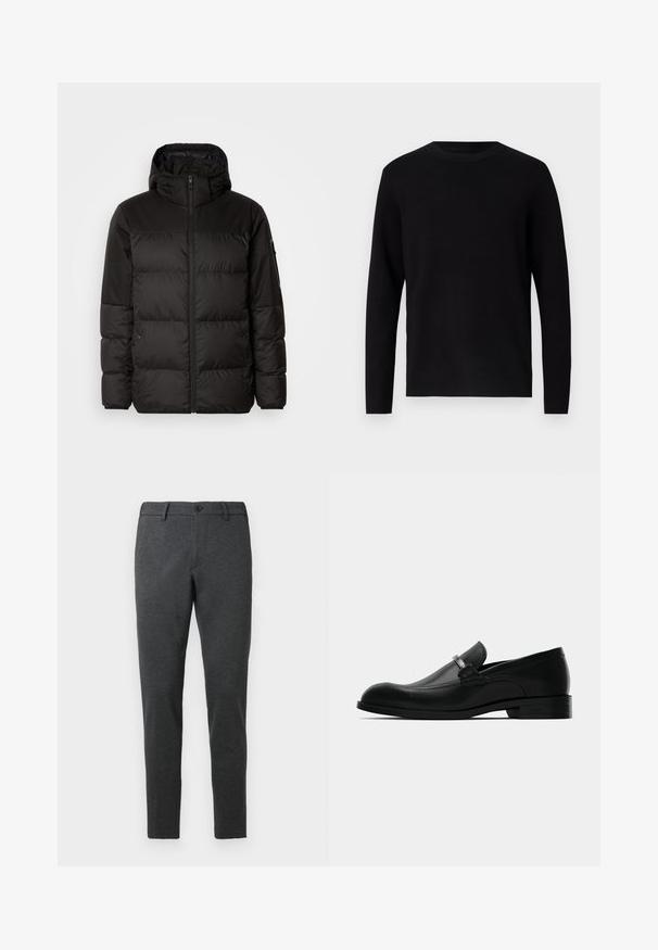 Schwarze Pufferjacke mit Reißverschluss, Kapuze, gesteppten Abschnitten und elastischen Bündchen, hergestellt aus einem glatten, wasserabweisenden Material.; Schwarzer Strickpullover mit Rundhalsausschnitt und langen Ärmeln. Glatte Textur und einfarbig, ohne sichtbare Muster oder Akzente.; Dunkelgraue Hose aus einem strukturierten Stoff. Figurbetontes Design mit geradem Bein, ausgestattet mit einem einzelnen Knopfverschluss und Gürtelschlaufen.; Schwarze lederne Herrenmokassin mit einer Metallschnalle, flachem Absatz und markiertem Sohlen, seitlich auf einem weißen Hintergrund gezeigt.