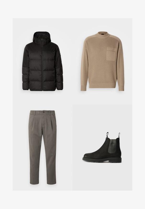 Zwarte pufferjas met ritsluiting, een capuchon, gequiltte secties en elastische manchetten, gemaakt van een glad, waterafstotend materiaal.; Beige gebreide trui met lange mouwen, geribde kraag en manchetten, en een zak aan de linkerkant van de borst.; Grijze, op maat gemaakte broeken van gladde stof; voorzien van een knoopsluiting, riemlussen en twee voorplooien voor extra detail.; Zwarte Chelsea-boots van suede met elastische zijpanelen, een trekband, een ronde neus en een robuuste rubberen zool.