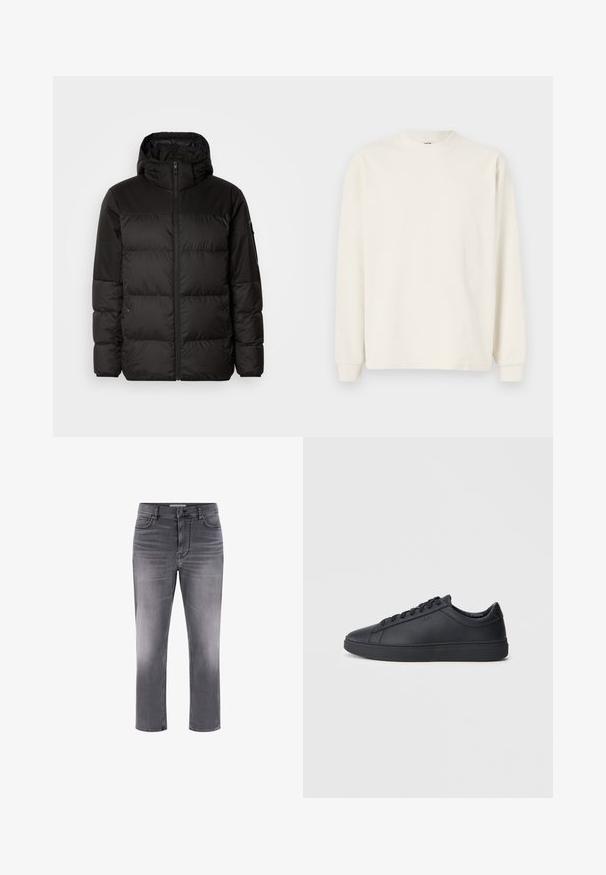 Geacă puffer neagră cu închidere cu fermoar, glugă, secțiuni quilted și manșete elastice, realizată dintr-un material neted, rezistent la apă.; Top cu mânecă lungă, tricotat cu riburi în nuanță de alb of-white, cu decolteu rotund și manșete ajustate, având o siluetă lejeră.; Jeans din denim gri, cu un design cu cinci buzunare, croi drept și un finisaj decolorat. Prezintă un sistem de închidere cu nasture și detalii de cusătură contrastante.; Adidași negri din piele netedă, cu un design low-top, vârf rotund și talpă plată din cauciuc. Au șireturi și un branding subtil.