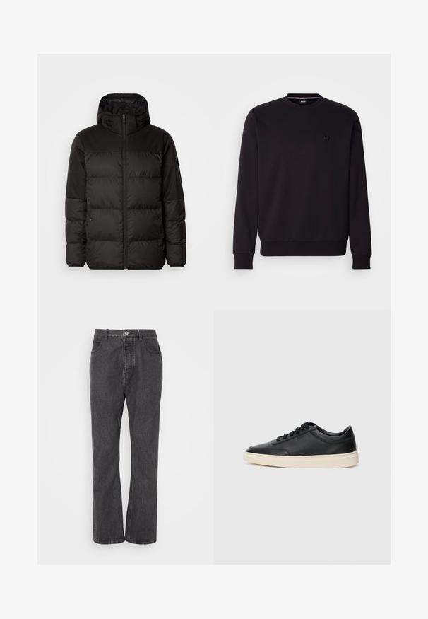 La doudoune noire est dotée d'une fermeture éclair, d'une capuche, de sections matelassées et de poignets élastiques, fabriquée à partir d'un matériau lisse et résistant à l'eau.; Sweatshirt noir à col ras du cou, en mélange de coton, avec des poignets et un ourlet côtelés, petit logo sur la poitrine, texture lisse, design ajusté.; Jean denim noir avec une coupe droite, comportant une fermeture à bouton à l'avant, des passants de ceinture et un léger dégradé pour la texture.; Baskets en cuir noires à tiges basses avec lacets noirs et semelle ivoire, présentées en profil latéral sur fond blanc.