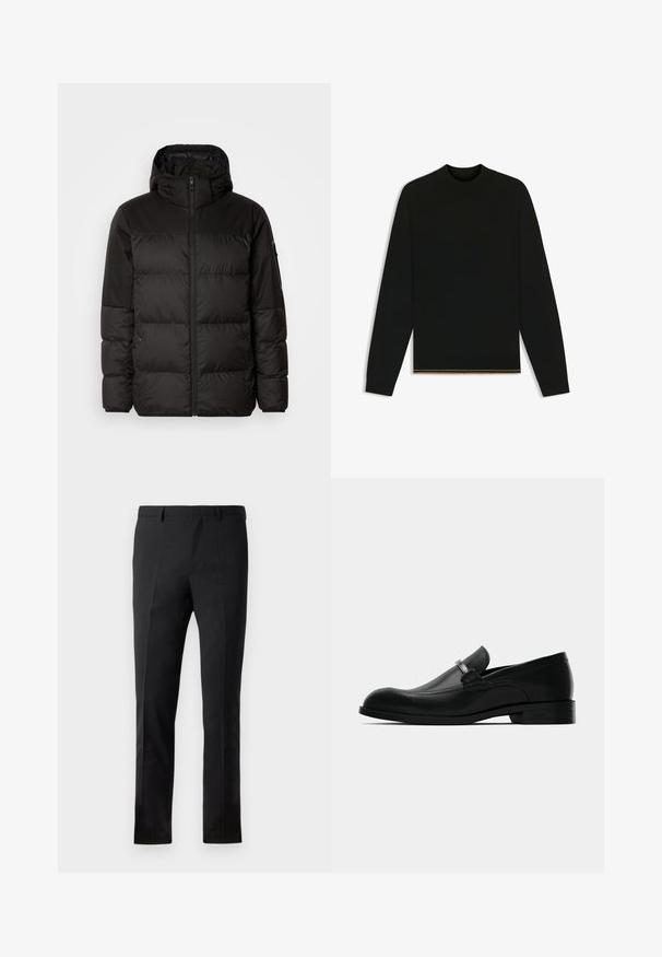 Black puffer jacket features a zip closure, a hood, quilted sections, and elastic cuffs, made from a smooth, water-resistant material.; Black knit sweater with long sleeves and a high neck. Features a gold accent at the hem. Smooth texture and fitted design.; Black trousers with a tailored fit, featuring a flat front, two creases, belt loops, and a smooth texture. No visible patterns or hardware.; Black leather men's loafer with a metal buckle detail, low heel, and branded sole, shown from the side on a white background.