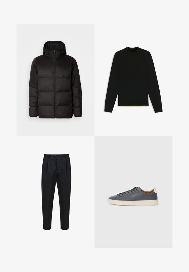 Schwarze Pufferjacke mit Reißverschluss, Kapuze, gesteppten Abschnitten und elastischen Bündchen, hergestellt aus einem glatten, wasserabweisenden Material.; Schwarzer Strickpullover mit langen Ärmeln und hohem Kragen. Verfügt über einen goldenen Akzent am Saum. Glatte Textur und taillierte Passform.; Schwarze Hose aus einem glatten Stoff, mit einem gefalteten Vorderteil, schmalem Schnitt und umgeschlagenen Säumen. Einfache Knopfverschluss an der Taille.; Graue Lederturnschuhe mit runder Zehenpartie, Gummisohle, flachen Schnürsenkeln und hellen Akzenten an der Ferse. Glatte Textur und minimalistisches Design.