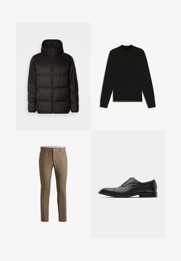 Black puffer jacket features a zip closure, a hood, quilted sections, and elastic cuffs, made from a smooth, water-resistant material.; Black knit sweater with long sleeves and a high neck. Features a gold accent at the hem. Smooth texture and fitted design.; Brown linen trousers with a textured finish. Features a classic cut, side pockets, and a discreet front closure detail.; Black leather dress shoe with smooth texture, rounded toe, and five eyelets. Features a low stacked heel and subtle seam detailing.