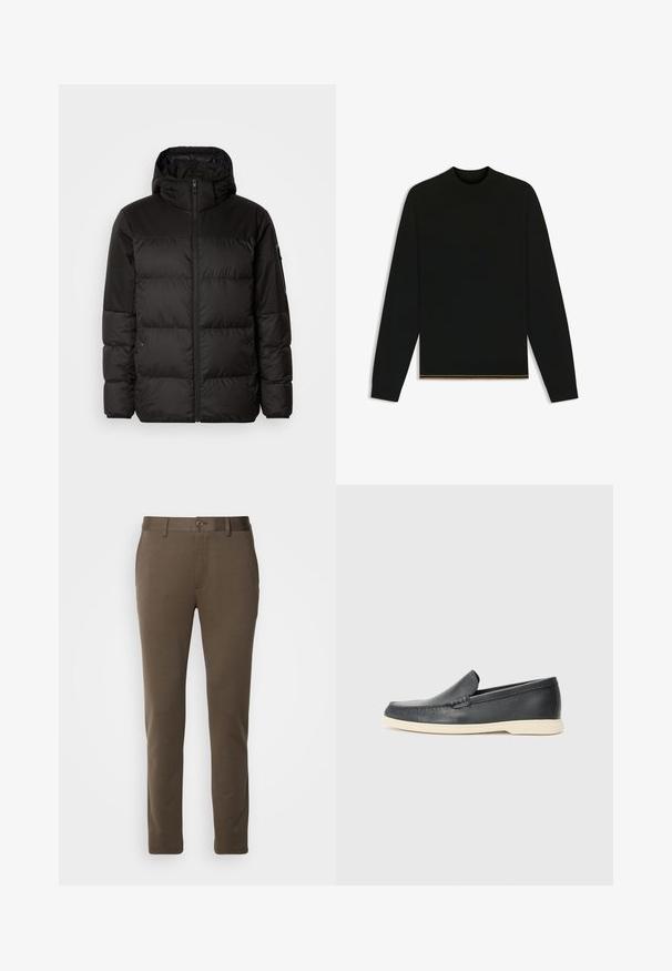 Il giubbotto puffo nero presenta una chiusura con zip, un cappuccio, sezioni trapuntate e polsini elastici, realizzato in un materiale liscio e resistente all'acqua.; Maglione nero in maglia con maniche lunghe e colletto alto. Presenta un dettaglio dorato all'orlo. Decorato da una trama liscia e design aderente.; Pantaloni marroni slim-fit realizzati in tessuto liscio, con chiusura a bottone e passanti per cintura, dal design pulito e con gamba dritta.; Mocassini neri in pelle con finitura testurizzata e suola in gomma beige a contrasto. Presentano un accento sottile lungo la parte anteriore.