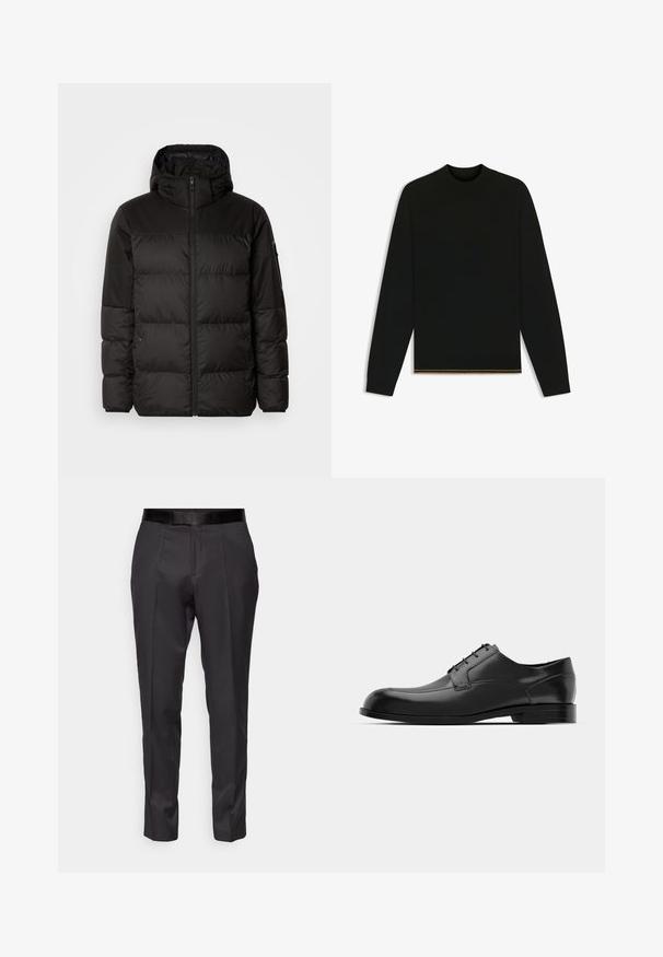 Svart puffjacka med blixtlås, huva, quiltade sektioner och elastiska mudd, tillverkad av ett slätt, vattentåligt material.; Svart stickad tröja med långa ärmar och hög krage. Har en guldaccent vid fållen. Slät textur och figurnära design.; Svarta skräddarsydda byxor med slim fit, platt front och subtil lyster. Har ett jämnt svart midjeband och veckdetaljer längs benen.; Svarta läderkläderskor med rund tå, slät yta, minimala sömmar och platt sula med subtil logotyp på hälen.